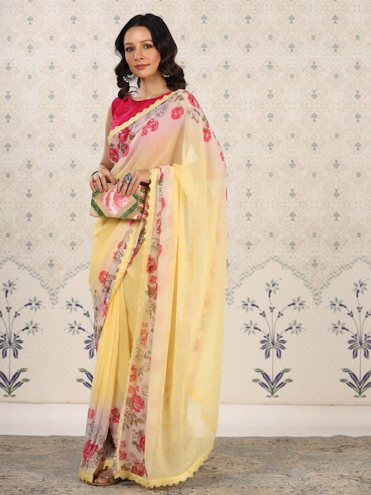 House of Pataudi Floral Poly Georgette Designer Saree
