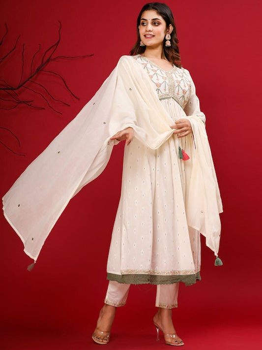 Readiprint Fashions Floral Embroidered Pure Cotton Kurta With Trousers & Dupatta