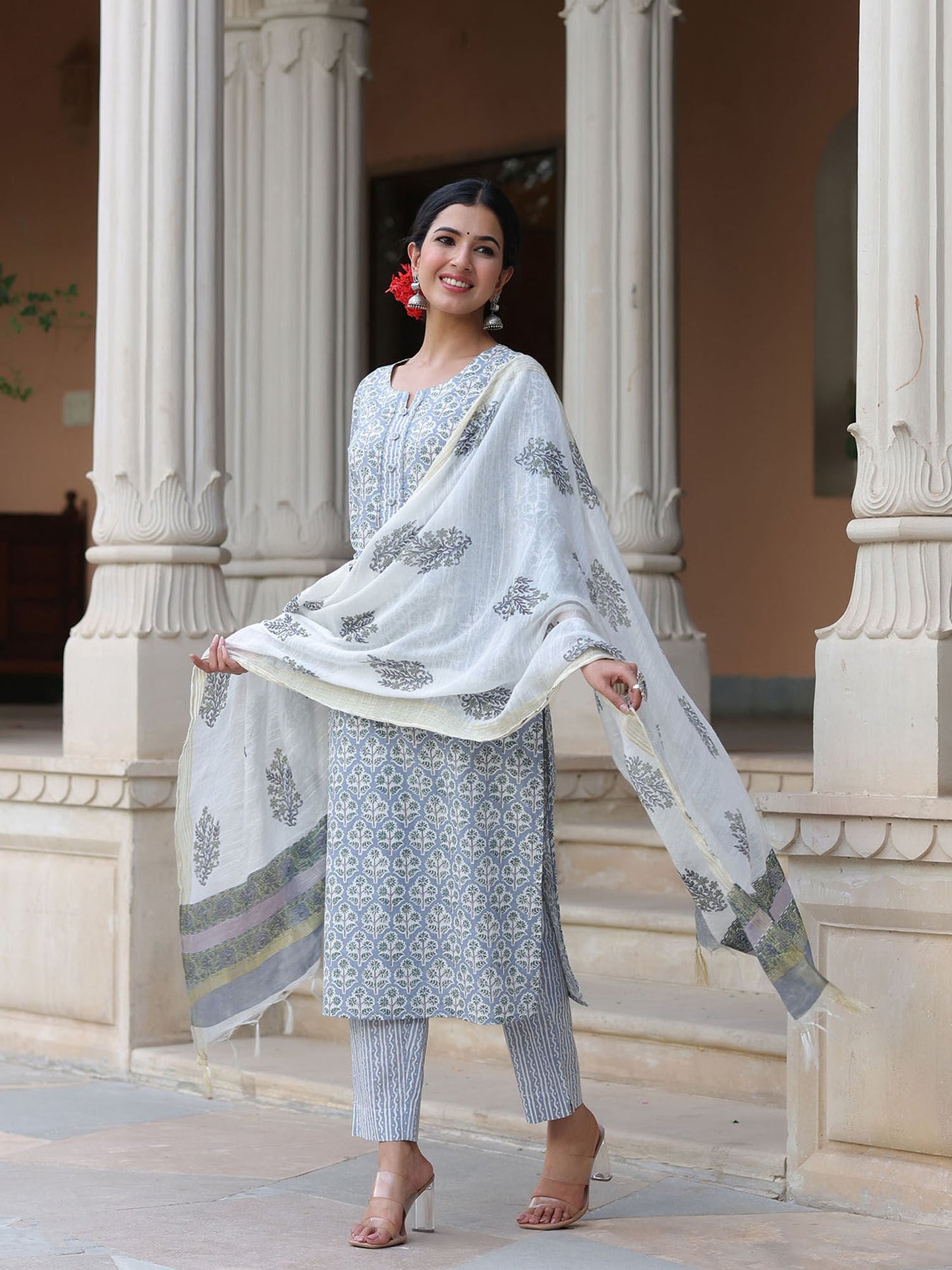 PIROH Womens Cotton Regular Print Straight Kurta Pant Dupatta Grey (Set of 3)