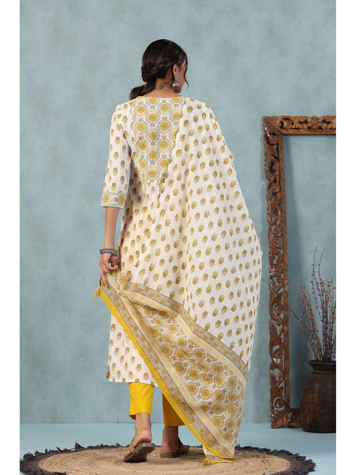 PIROH Womens Cotton Butta Print Nyra Cut Kurta Pant Dupatta Yellow (Set of 3)