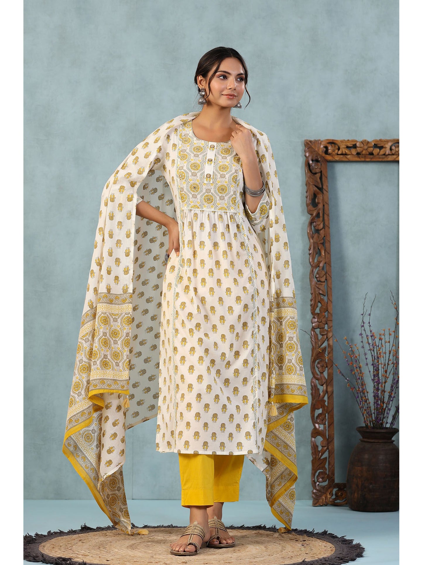 PIROH Womens Cotton Butta Print Nyra Cut Kurta Pant Dupatta Yellow (Set of 3)