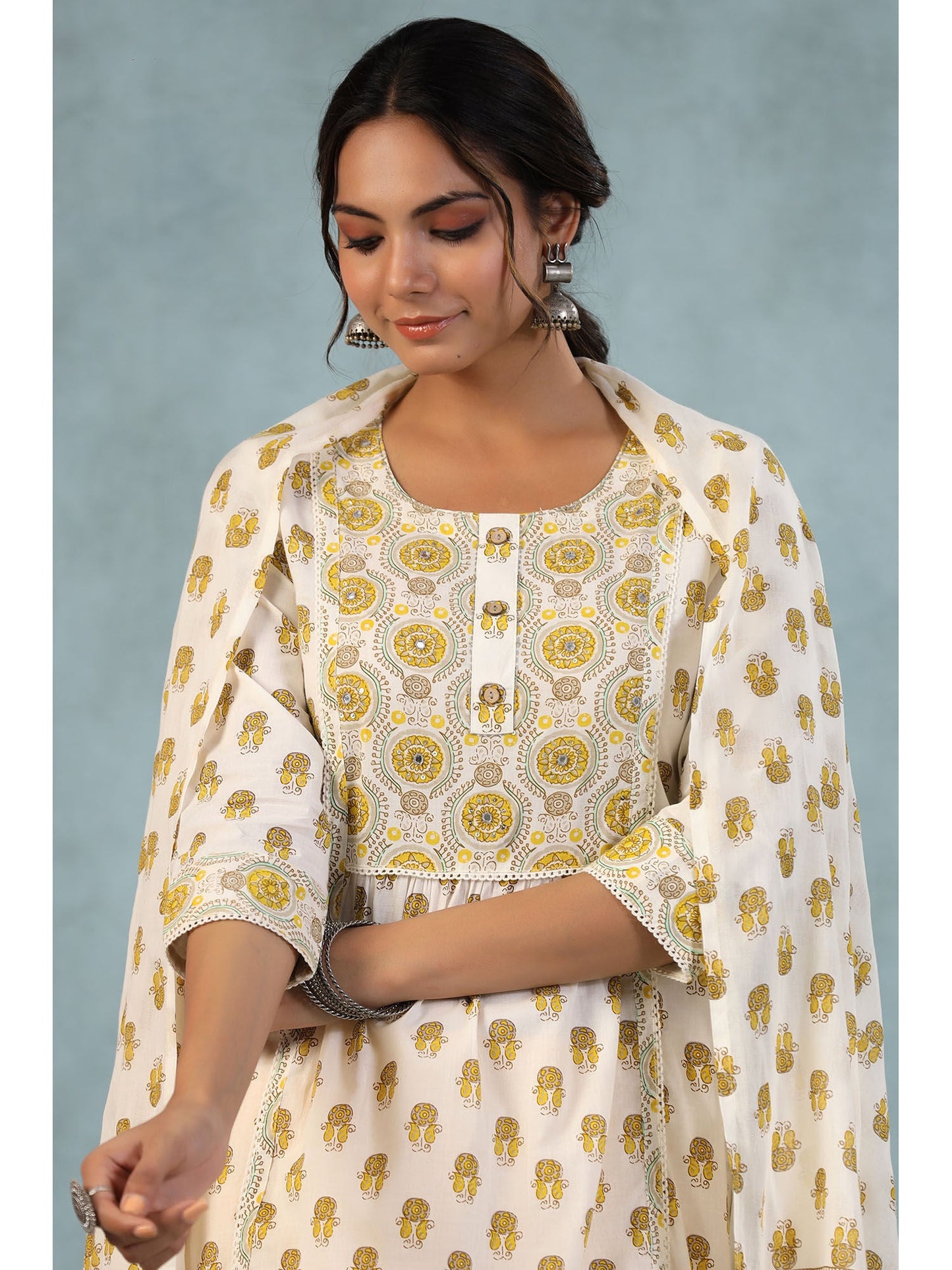 PIROH Womens Cotton Butta Print Nyra Cut Kurta Pant Dupatta Yellow (Set of 3)