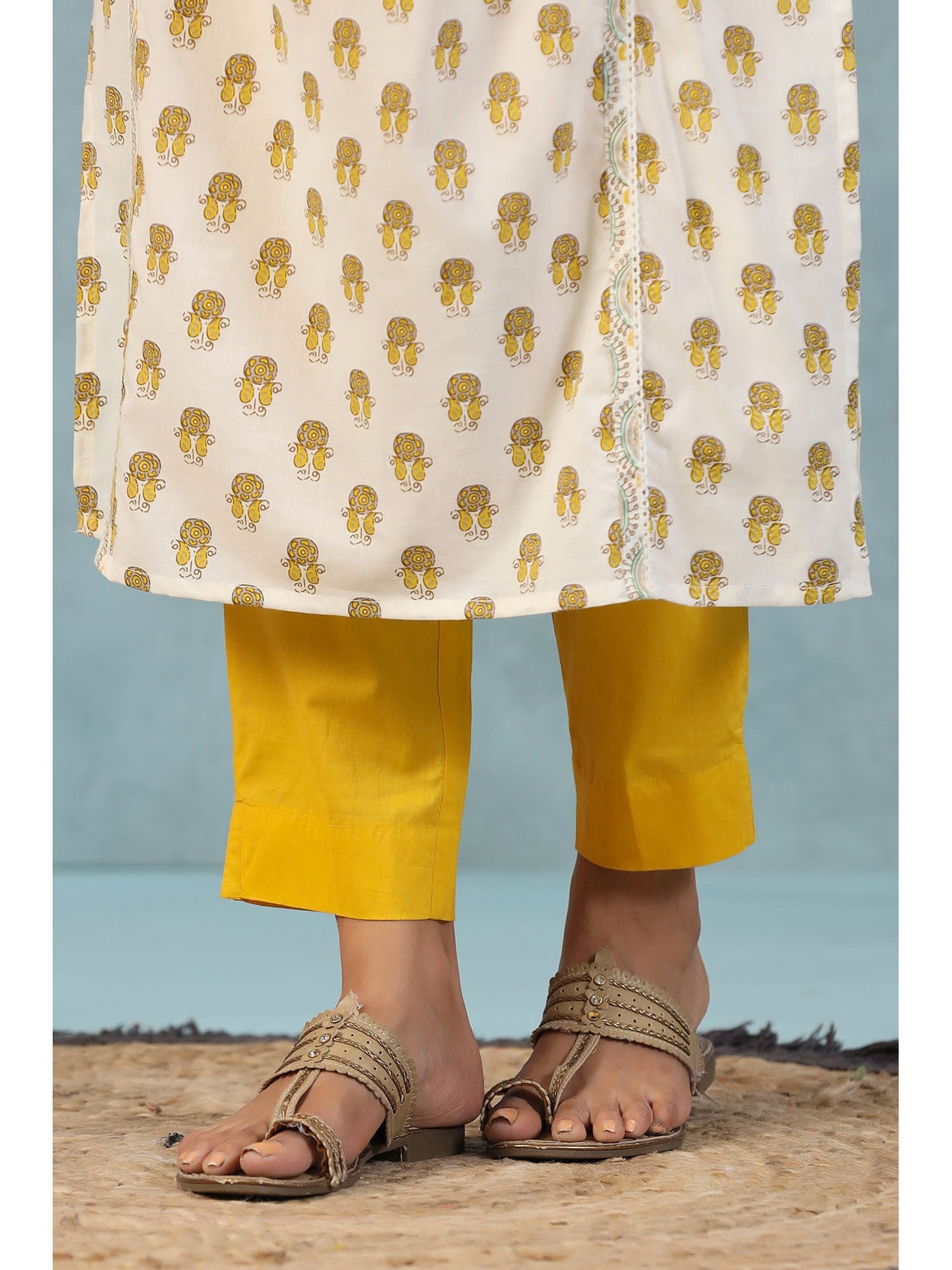 PIROH Womens Cotton Butta Print Nyra Cut Kurta Pant Dupatta Yellow (Set of 3)