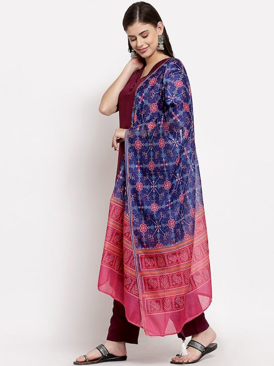 Myshka Women Burgundy Regular Pure Cotton Kurta with Trousers & With Dupatta