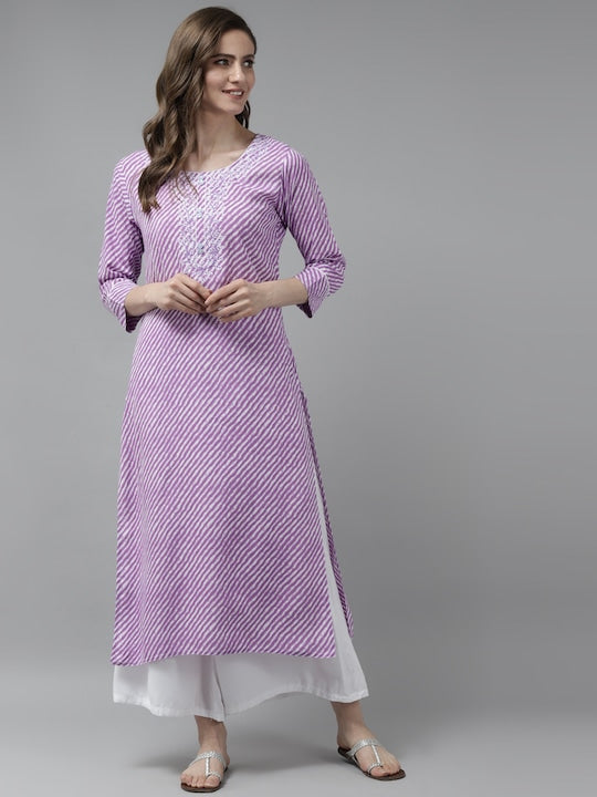 Yufta Women Lavender & Off White Leheriya Print Embroidered Kurta