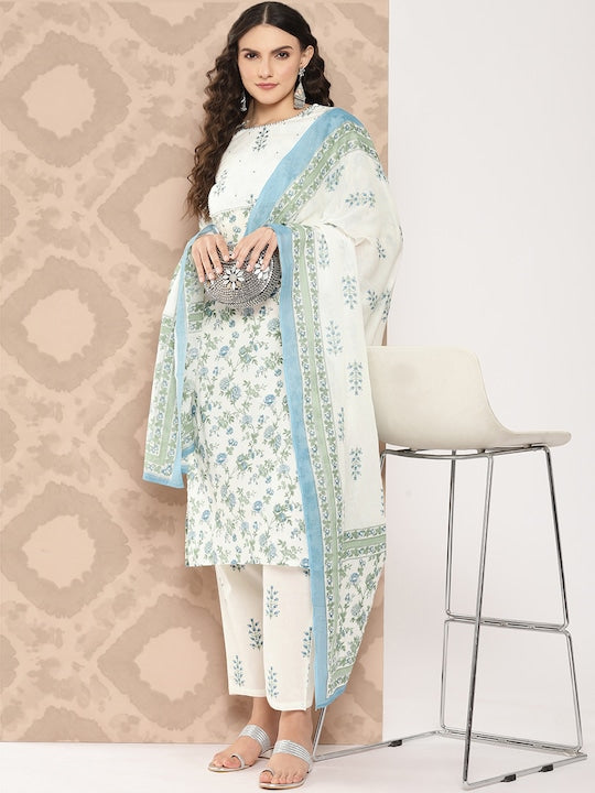 Yufta Women Floral Printed Regular Gotta Patti Pure Cotton Kurta with Trousers & Dupatta