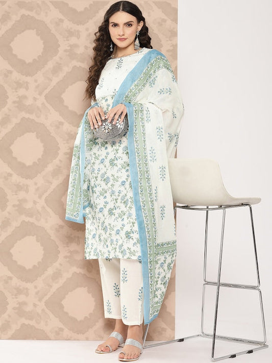 Yufta Women Floral Printed Regular Gotta Patti Pure Cotton Kurta with Trousers & Dupatta