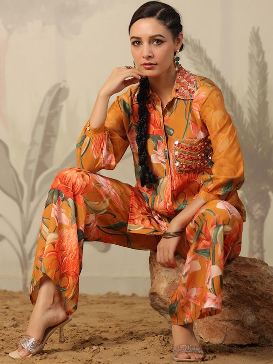 SCAKHI Floral Printed Shirt Collar Mirror Work A-Line Kurta & Palazzos