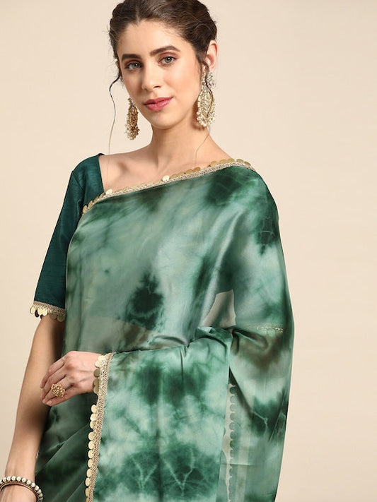 All about you Green & Gold-Toned Tie and Dye Satin Saree