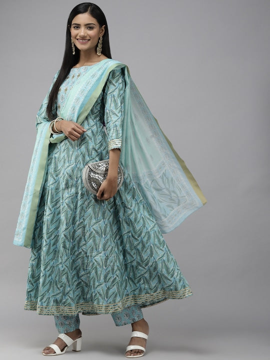 Yufta Women Blue Printed Panelled Pure Cotton Kurta with Trousers & With Dupatta