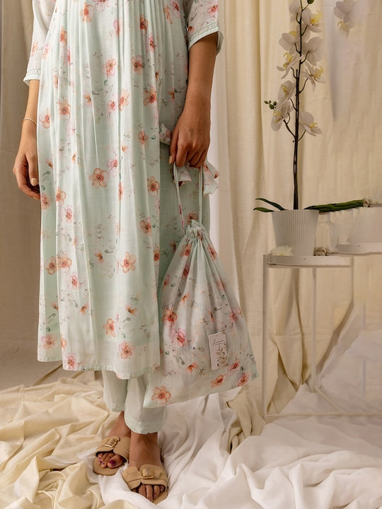 House of Pataudi Turquoise Blue Floral Printed Flared A-Line Kurta With Trouser & Dupatta