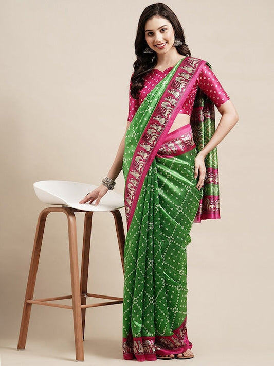 Saree mall Green & Fuchsia Bandhani Silk Blend Bandhani Sarees