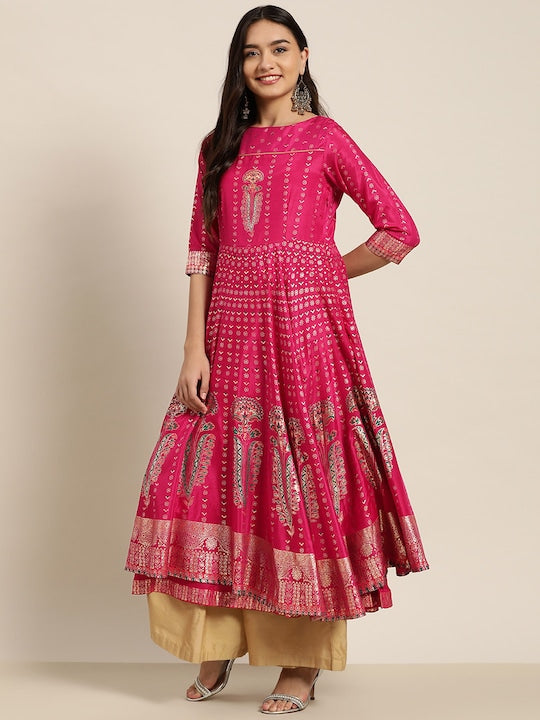Juniper Women Fuchsia & Gold-Toned Foil Print Anarkali Kurta