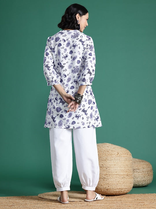 Sangria Ethnic Motifs Printed Puff Sleeves Kurta with Salwar