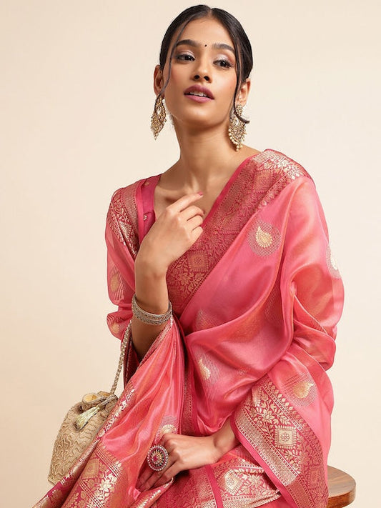 Satrani Pink & Gold-Toned Woven Design Zari Tissue Banarasi Saree