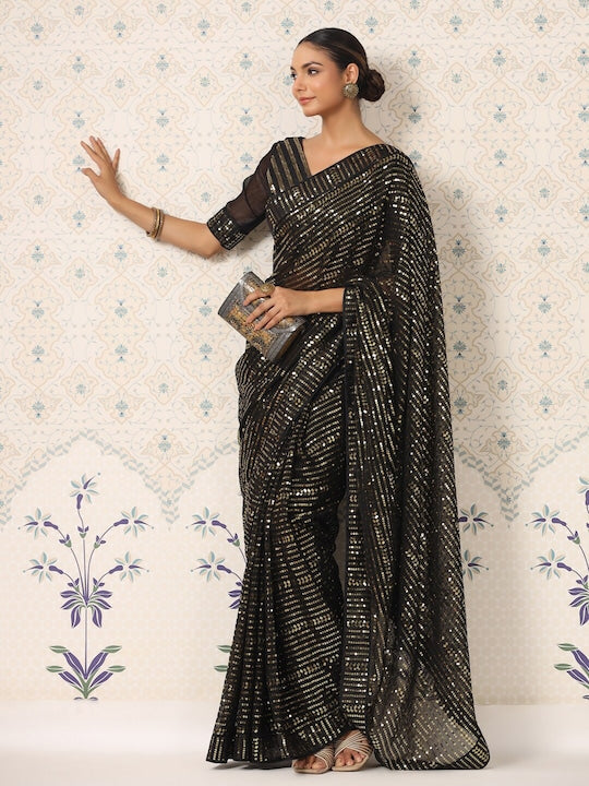 House of Pataudi Black Embellished Sequinned Saree