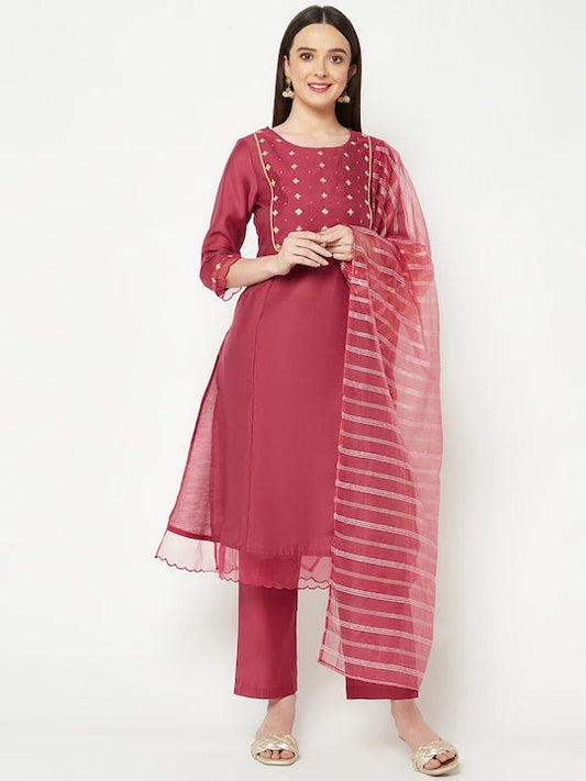 IMARA Floral Yoke Design Sequinned Detail Regular Kurta & Trousers With Dupatta