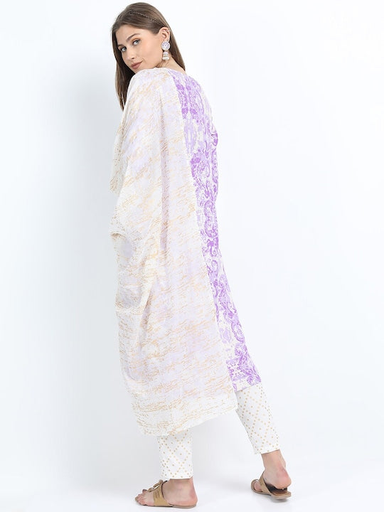 Vishudh Women Mauve Printed Straight Kurta with Trousers & With Dupatta