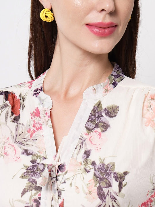 Here&now Off White & Red Floral Tie-Up Neck Layered Chiffon A-Line Midi Dress