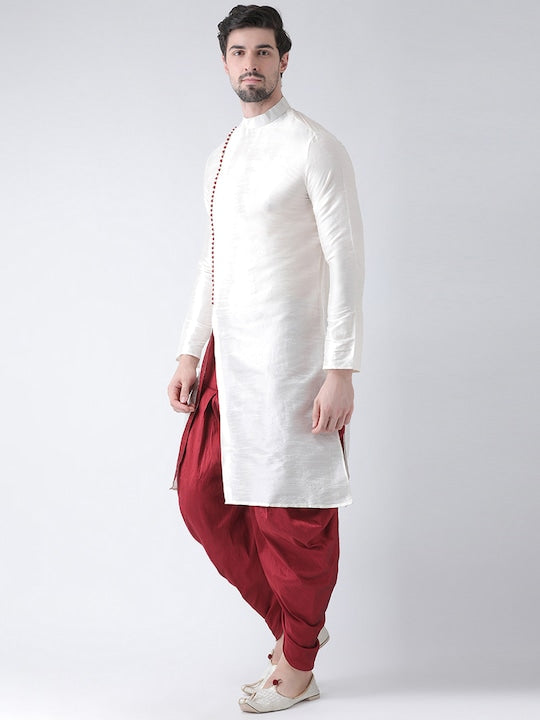 Deyann Men Off-White & Red Dupion Silk Solid Kurta with Patiala