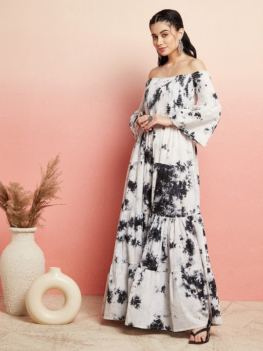 AKS Tie And Dyed Off-Shoulder Cotton Maxi Dress