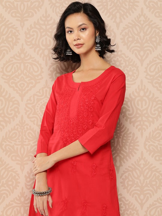 Yufta Floral Embroidered Chikankari Cotton Kurta Red