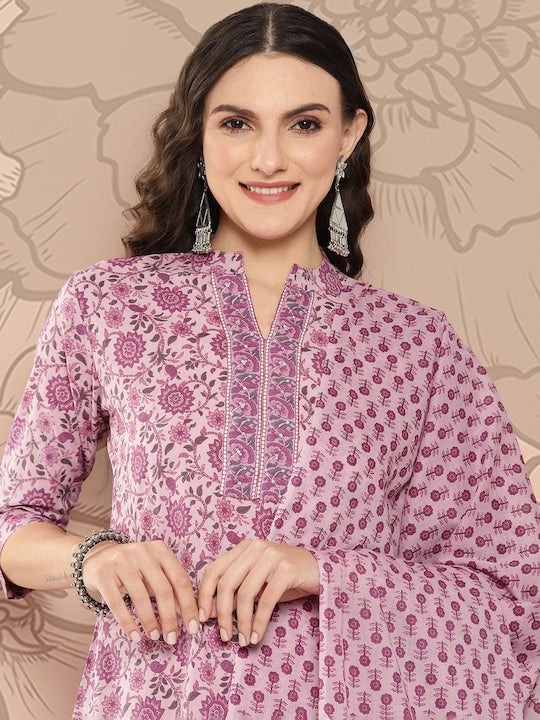 Yufta Women Floral Printed Regular Sequinned Pure Cotton Kurta with Trousers & Dupatta