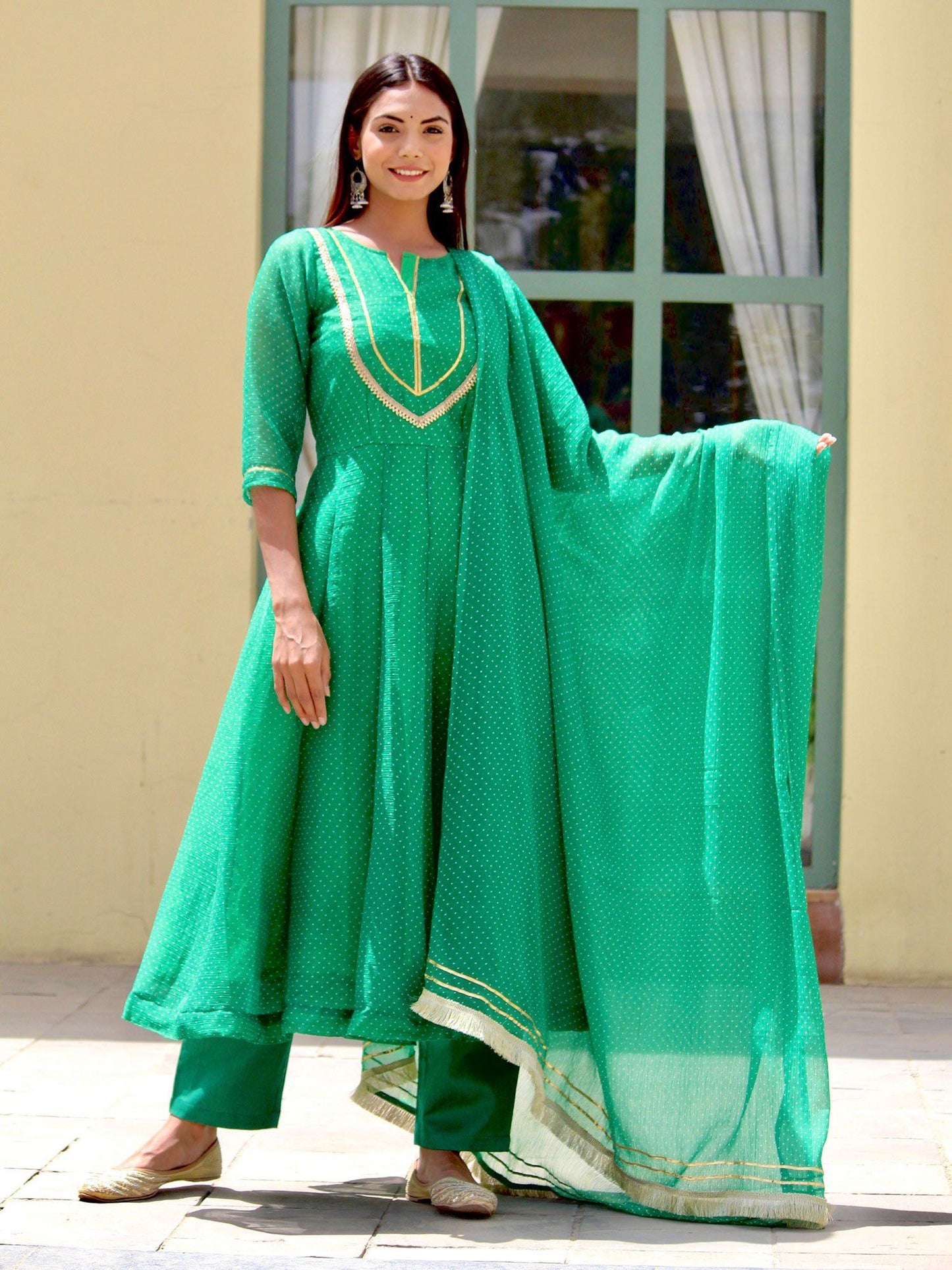 ONEWE INDIA Padmini Anarkali Set (Set of 3) - Green