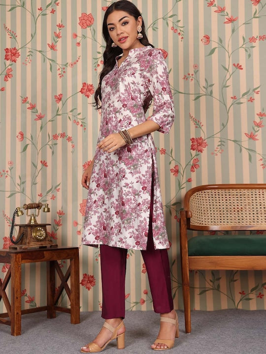 House of Pataudi Ethnic Motifs Printed Straight Chanderi Silk Kurta with Trousers