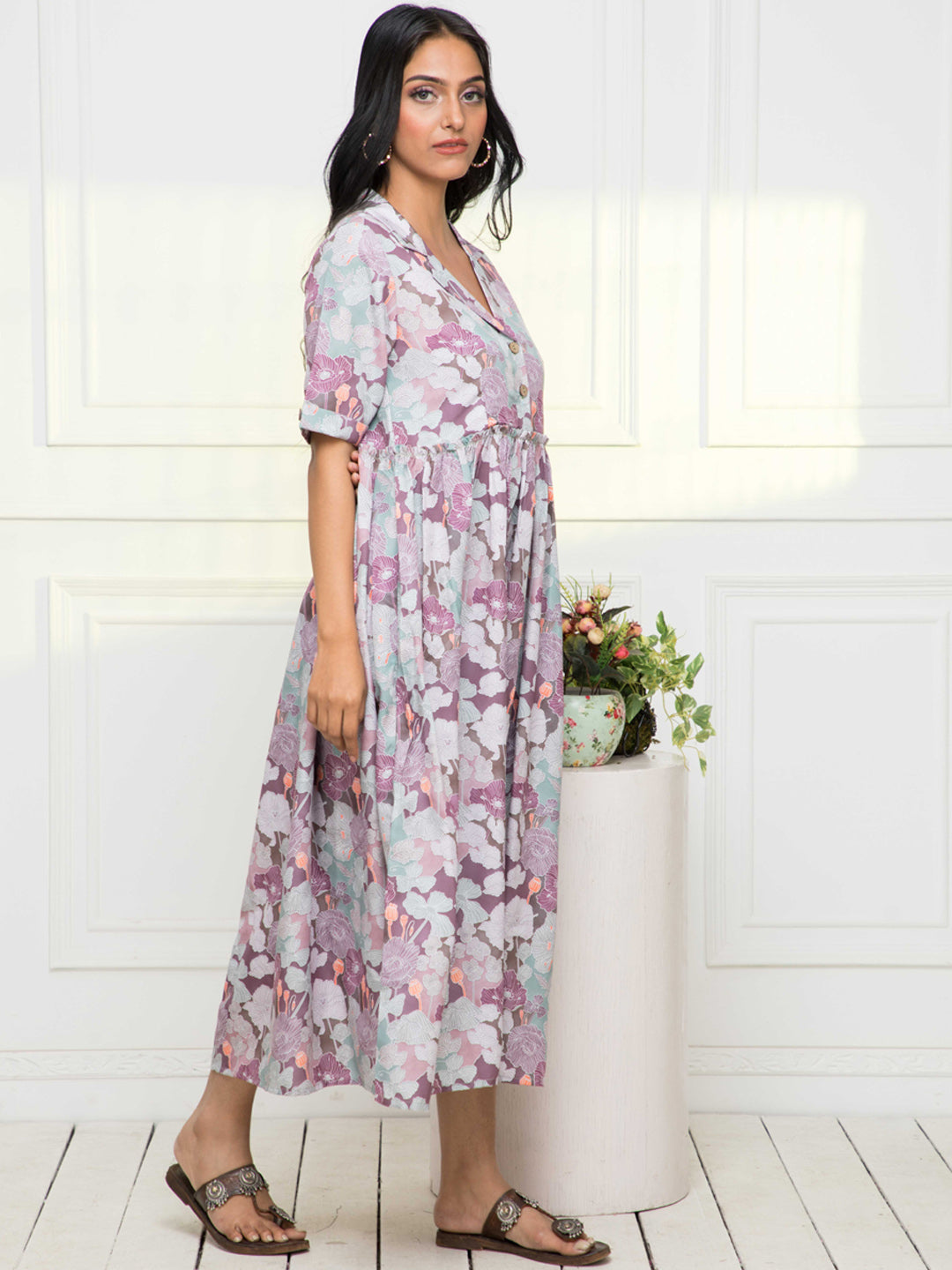 Myshka Floral Printed Lapel Collar Midi Fit & Flare Dress