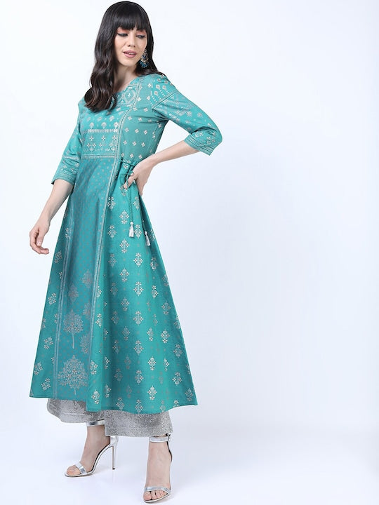 Vishudh Women Teal Ethnic Motifs Printed Anarkali Kurta