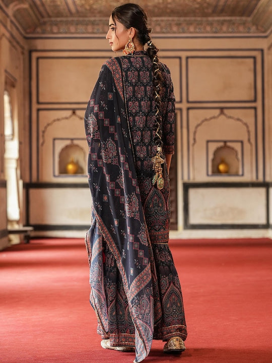 Scakhi Paisley Printed Sequinned Kurti with Sharara & With Dupatta