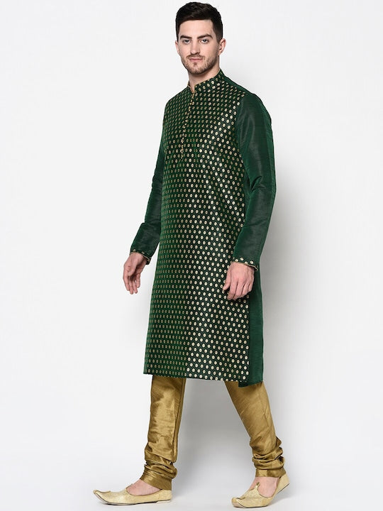 Deyann Men Green & Golden Floral Thread Work Floral Mandarin Collar Kurta