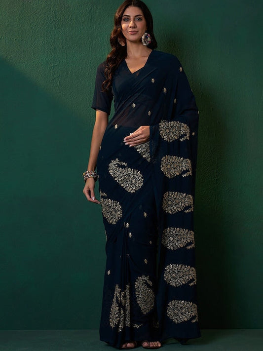 Sangria Paisley Embroidered Sequined Zari Saree