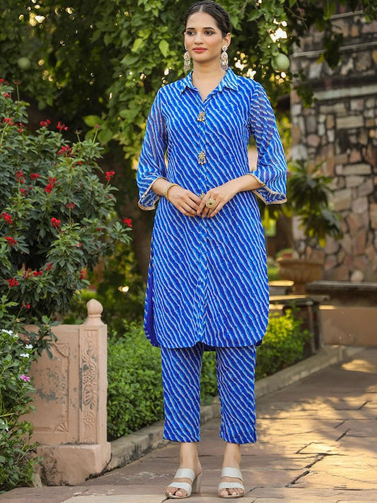 SCAKHI Laheriya Printed Shirt Collar Kurta With Trousers