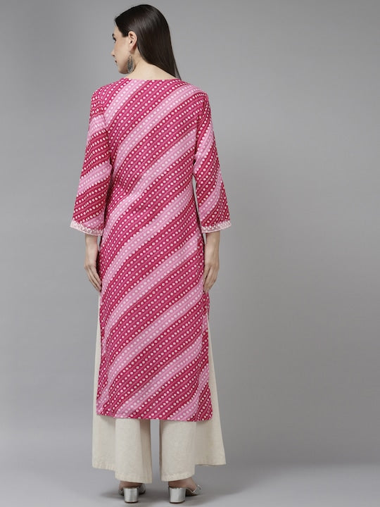 Yufta Women Pink & White Striped Embroidered Kurta