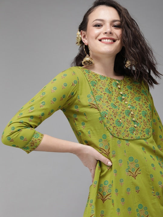 Yufta Women Green & Brown Printed A-Line Panelled Kurta