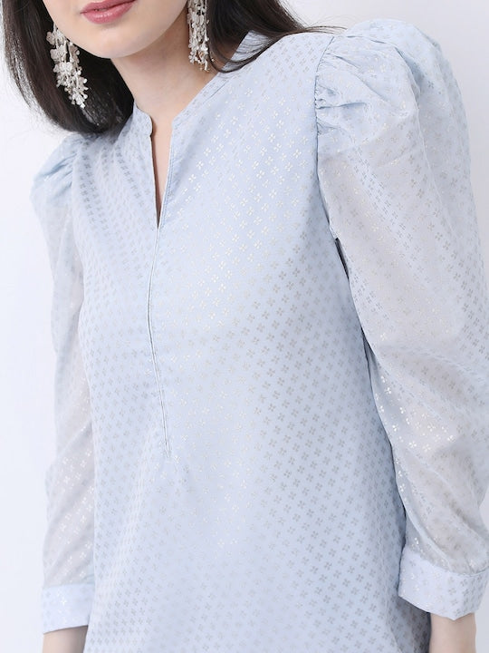 Vishudh Blue Floral Printed Puff Sleeves Straight Kurta