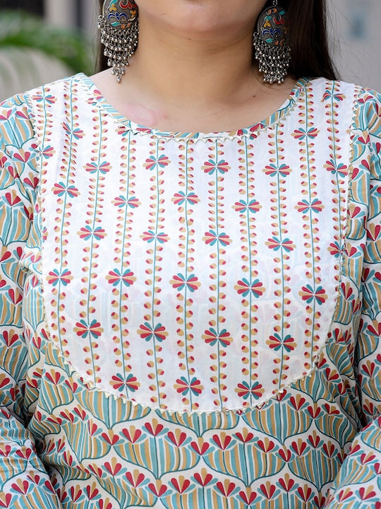 Yufta Plus Size Floral Printed Pure Cotton Straight Kurta & Trousers With Dupatta