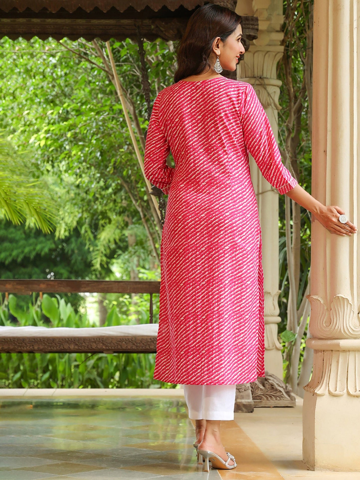 PIROH Womens Cotton Leheriya Print Straight Kurta Pink