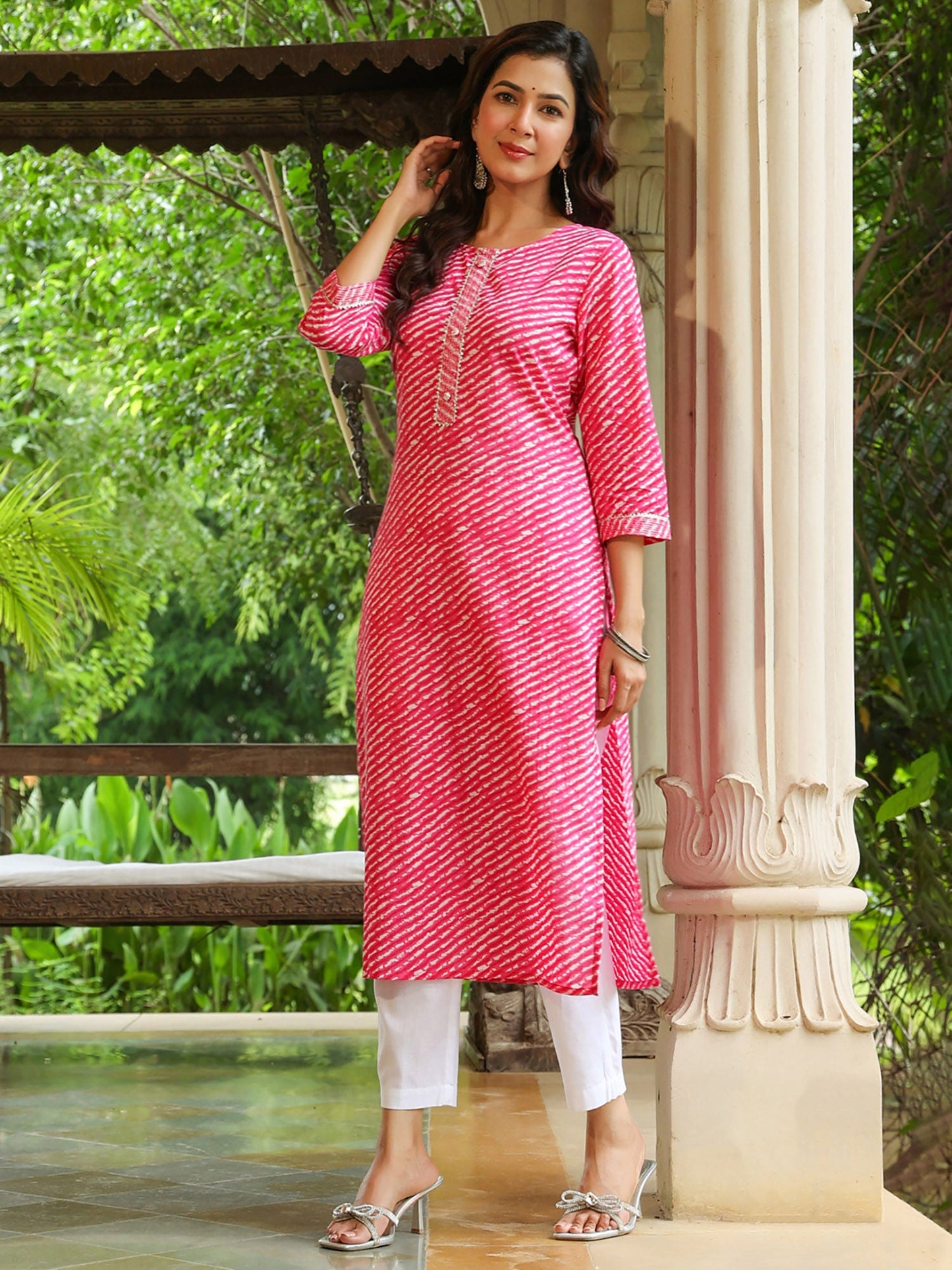 PIROH Womens Cotton Leheriya Print Straight Kurta Pink