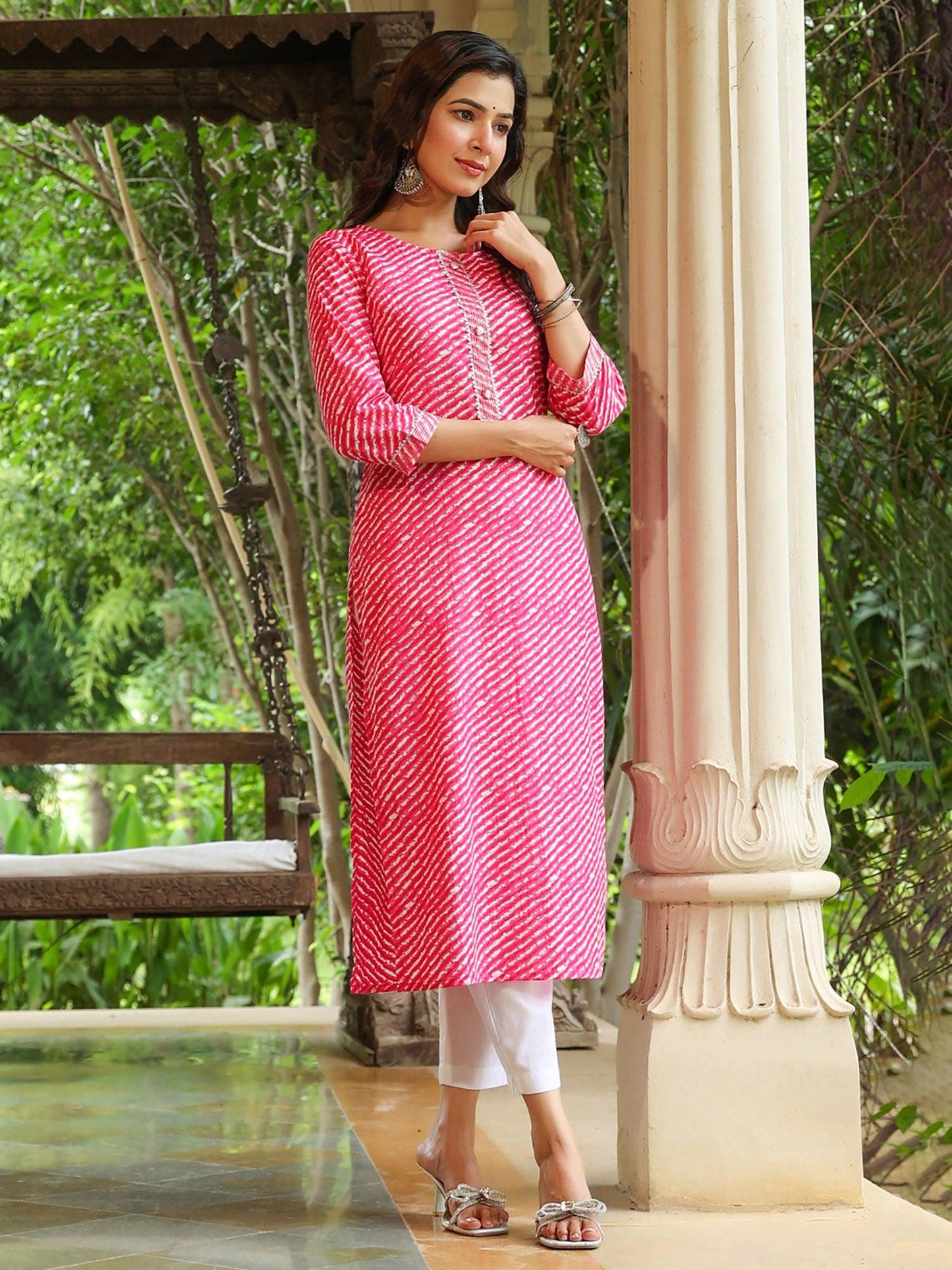 PIROH Womens Cotton Leheriya Print Straight Kurta Pink