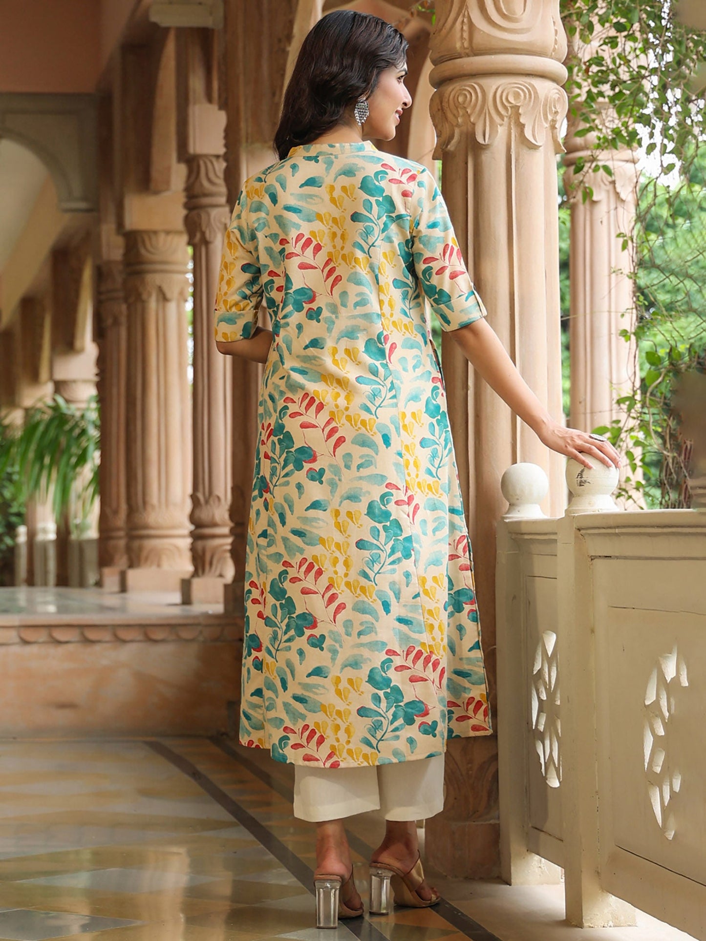 PIROH Womens Cotton Floral Print A-Line Kurta Beige