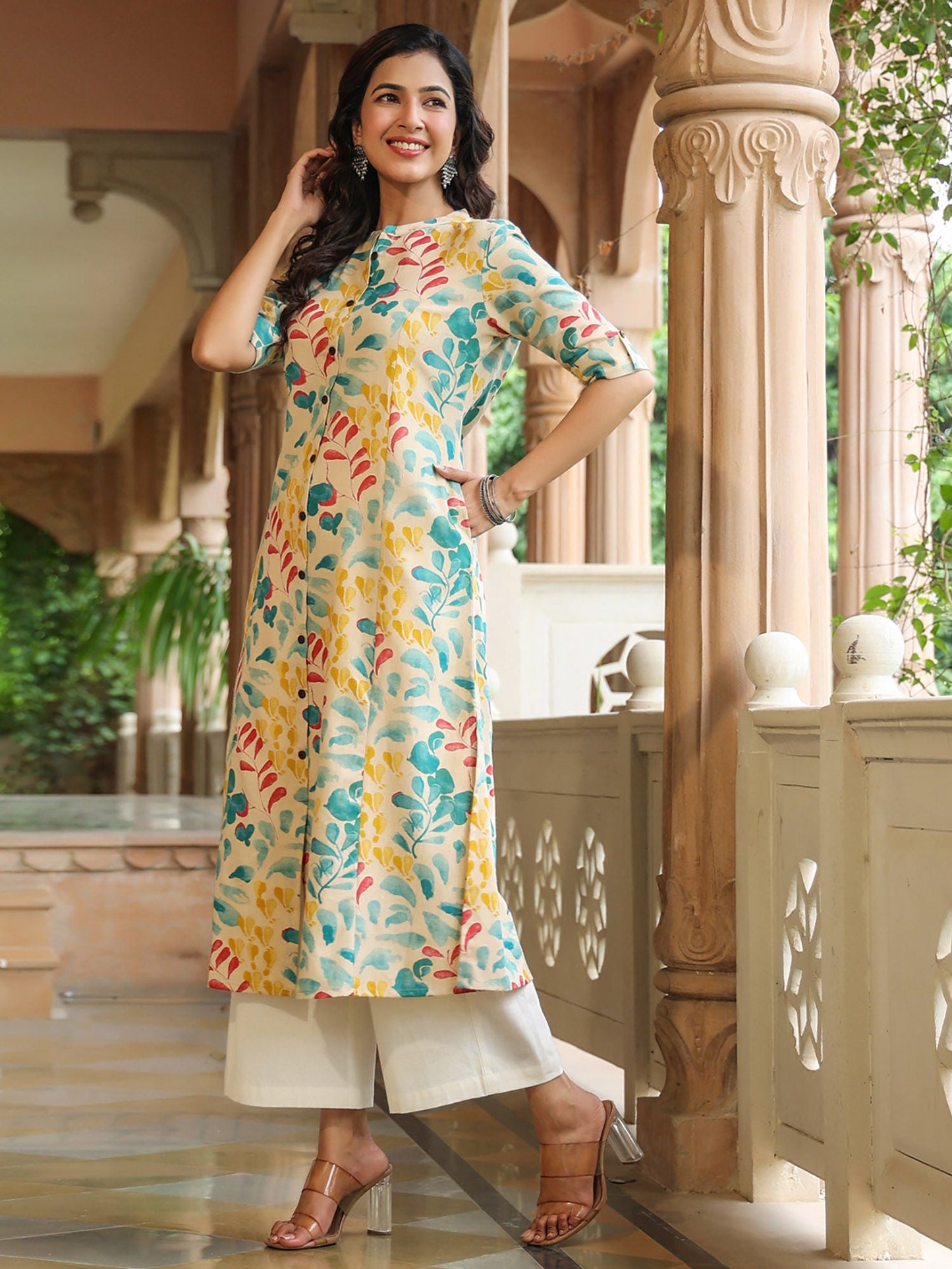 PIROH Womens Cotton Floral Print A-Line Kurta Beige