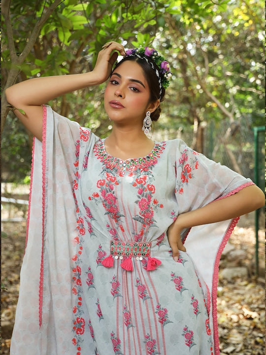 SCAKHI Floral Printed Mirror Work Kaftan Kurta with Trousers