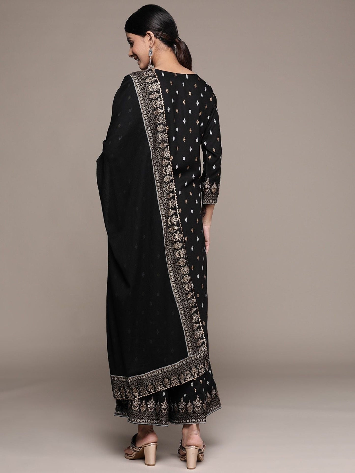ISHIN Womens Cotton Black Embroidered A-line Kurta With Sharara And Dupatta