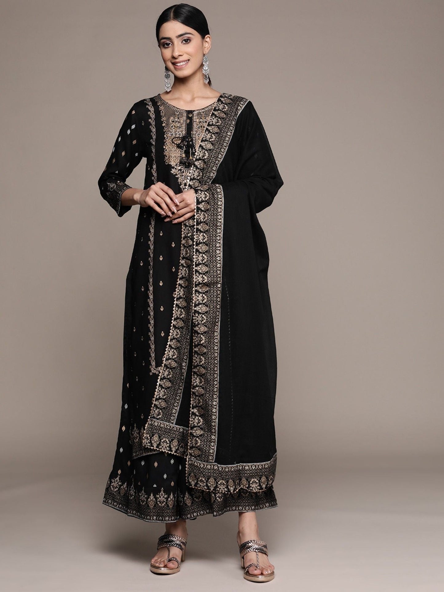 ISHIN Womens Cotton Black Embroidered A-line Kurta With Sharara And Dupatta