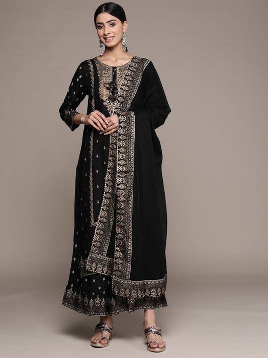 ISHIN Womens Cotton Black Embroidered A-line Kurta With Sharara And Dupatta