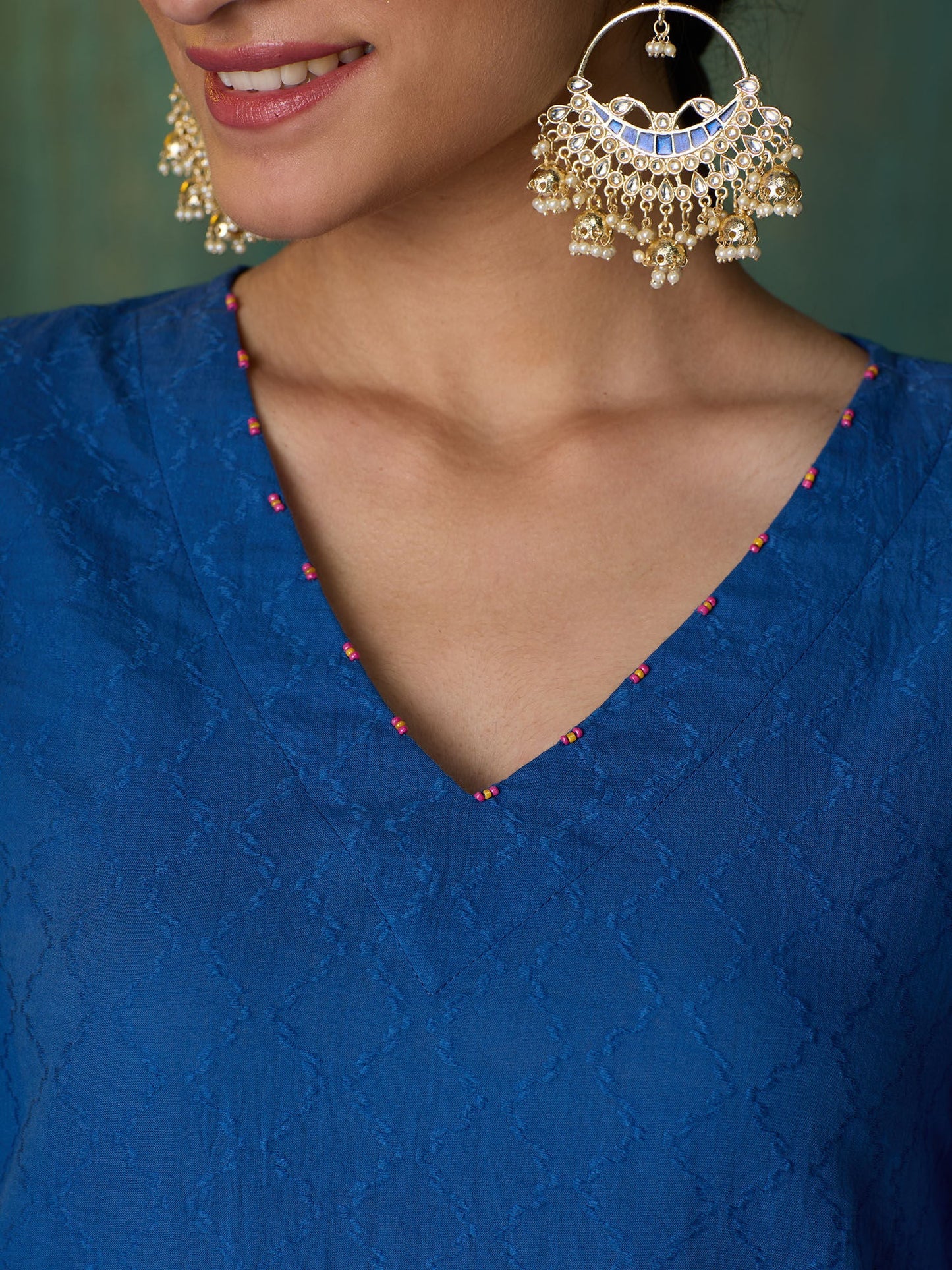 Likha Blue Ethnic Bloom Cotton Dobby with Laces Co-ord Set LIKSKD288 (Set of 2)