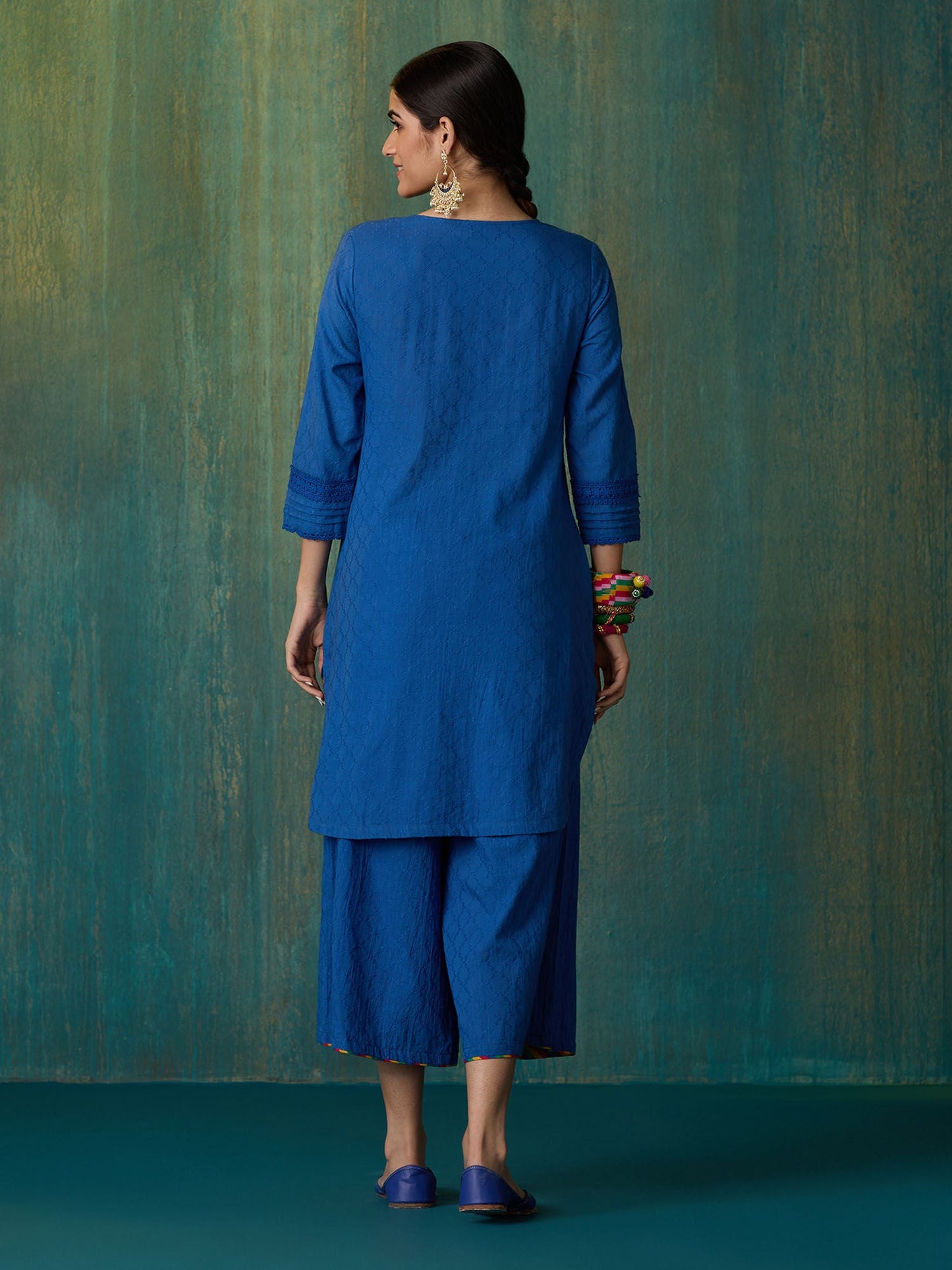 Likha Blue Ethnic Bloom Cotton Dobby with Laces Co-ord Set LIKSKD288 (Set of 2)